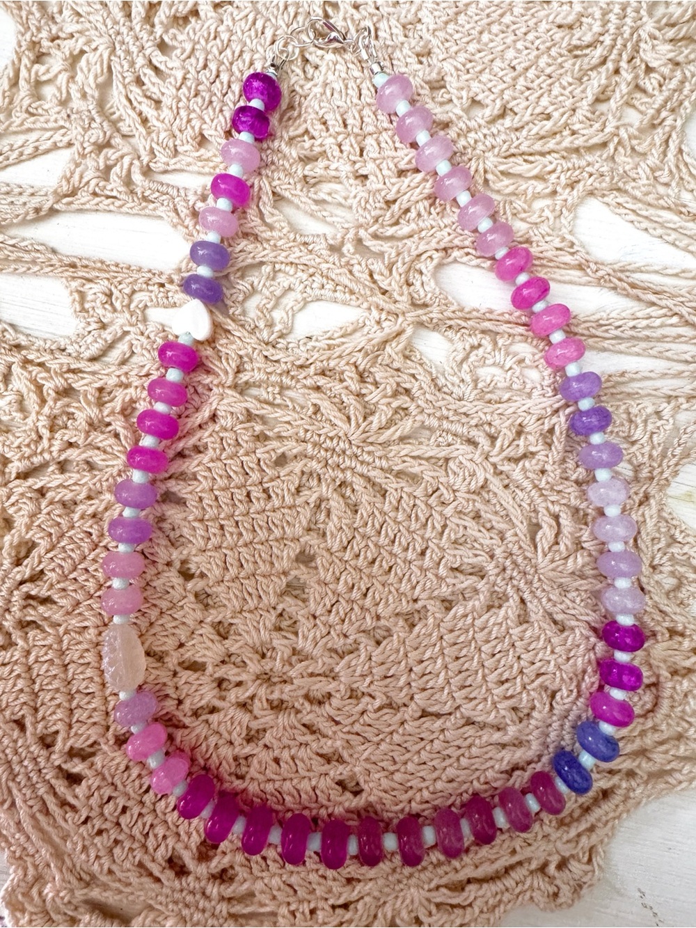 Handmade Candy Fuchsia & Lavender Beaded Necklace Sterling Silver